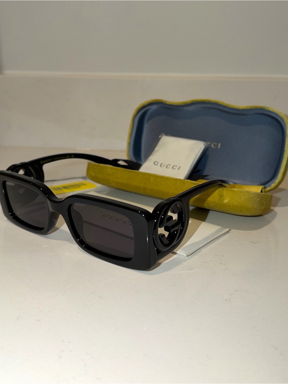 Gucci Black Square Sunglasses with Cutout GG Temples